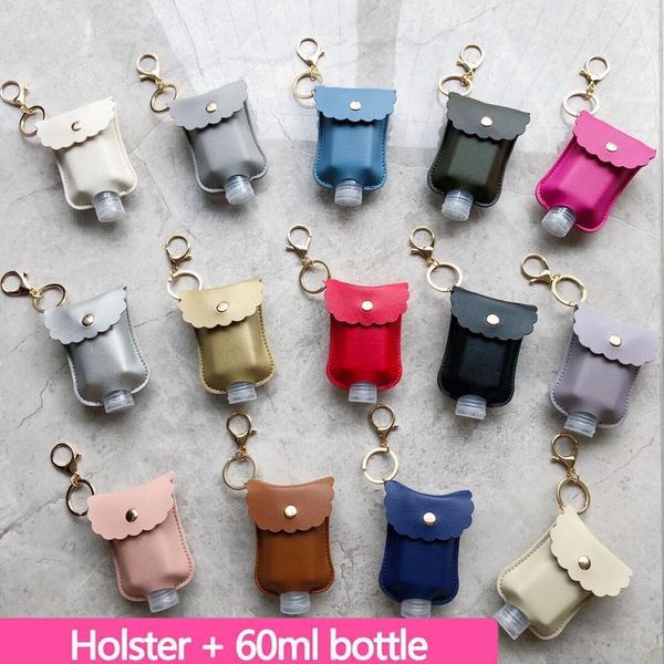 

hand sanitizer leather keychain holder travel bottle refillable containers 60ml flip cap reusable bottles with keychain carrier, Silver