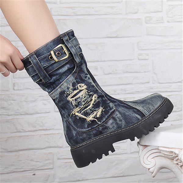 

повседневной женщина коренастых пяток botas mujer толстой подошва платформа denim boots ремень жан обувь женщина осень зима теплая загрузочн, Black
