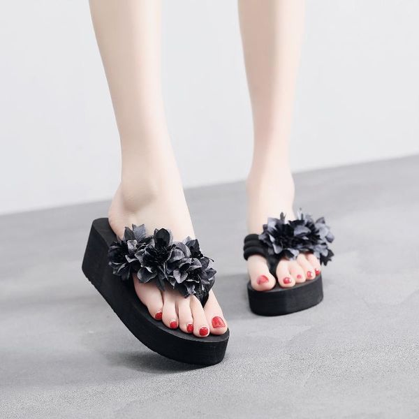 

6 cm high heel women's flower flip flops casual sandals and slippers female clip feet non-slip wild wedge heel beach shoes, Black