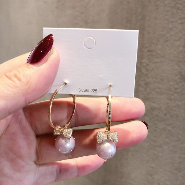 

s925 silver needle korea the same micro-inlaid bow temperament rhinestone pearl earrings simple earrings earrings