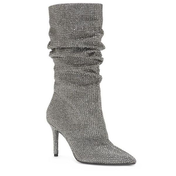 

boots luxury full silver crystal slouch knee high glitter bling shiny rhinestone pleated lady heels shoes women, Black