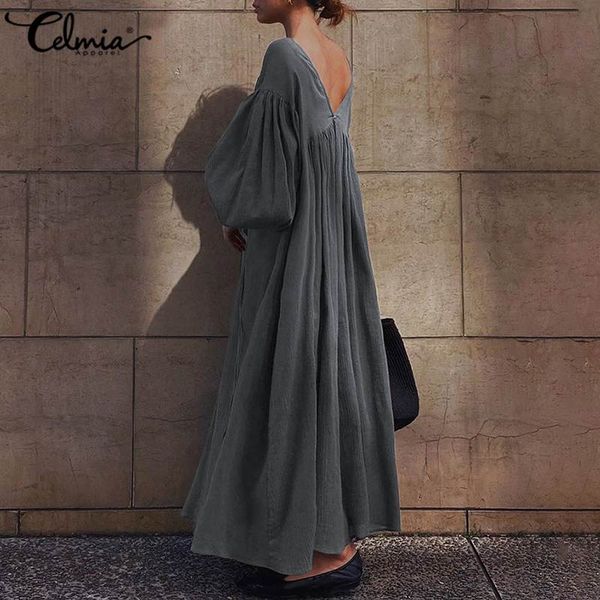 

5xl backless long dress celmia women loose vintage dress lantern sleeve maxi dresses fashion lace up casual solid vestidos, Black;gray