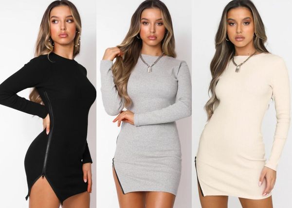 

3 colour women autumn knee length casual pencil long sleeve bodycon tunic zip slit dress, Black;gray