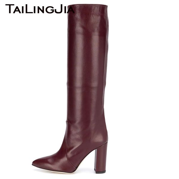 

boots chunky heel knee for women 2021 winter long boot ladies elegant pointed toe block blue pu leather large size shoes, Black