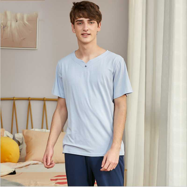 

2020 summer pyjamas men casual pajama sets male soft modal cotton sleepwear suit men short sleeve v-neck collar t shirt & pants, Black;brown