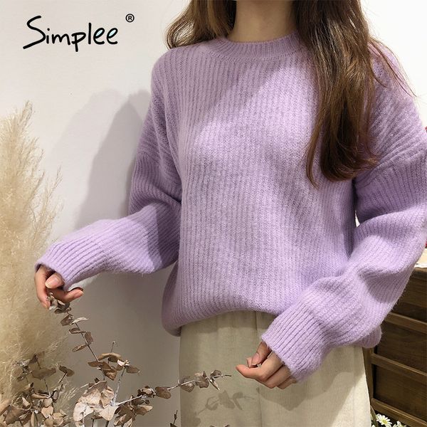 

simplee autumn winter women's purple sweater casual simple fashion knitted pullover pink drop shoulder sleeve o-neck sweater, White;black