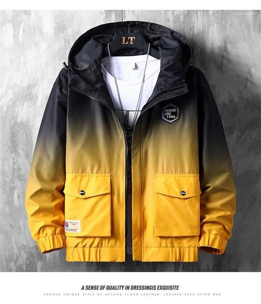 

pockets long sleeve mens clothes with zipper mens patchwork gradient color jackets spring and autumn hooded collar outerwear with, Black;brown