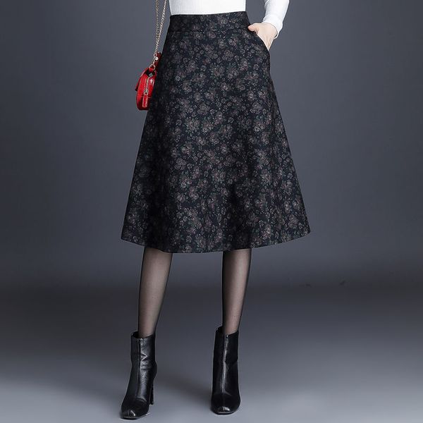 

2020 spring and autumn females fashion print high waist elastic long skirt for women mid-calf a line casual wool skirts l21, Black
