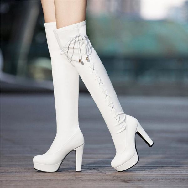 

zapatos de mujer shoes woman new fashion boots fashion womens leather lacr-up round toe shoes high heel over the knee boots, Black
