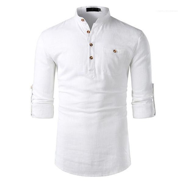 

with pockets fashion male clothing cotton-linen long sleeve mens shirts lapel neck solid mens, White;black