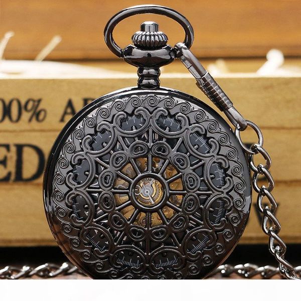 

stylish hollow steel black mechanical pocket watches men women luxury hand winding watch pendant clock with fob chain gift bag t200502, Slivery;golden