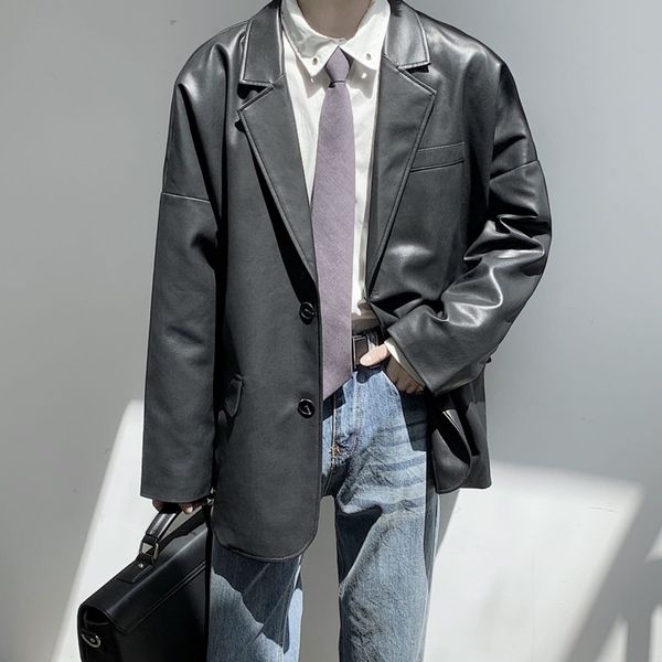 

korean leather blazer men's fashion solid color business casual dress jacket men streetwear wild loose suit jackets mens s-xl, White;black
