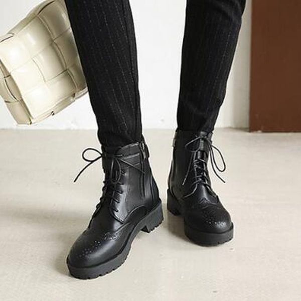 

женщины ботильонов середины каблуков обувь женщина плюс размер гладиатор pu кожаный шнурок вверх обувь chaussures ф zapatos mujer sapato d20, Black