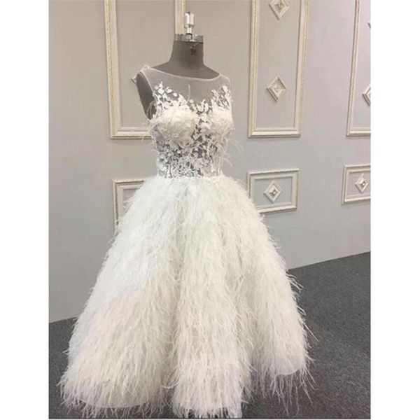 Novo Luxo Arábia árabe White Feather Prom Dresses 2020 Flower Illusion Tutu 3D Prom vestidos tornozelo comprimento Vestido formal Vestidos Longo