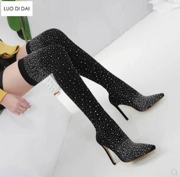 

2020 autumn new woman point toe thigh high boots diamond boots rhinestone stud women booties bling bling over knee high booties, Black