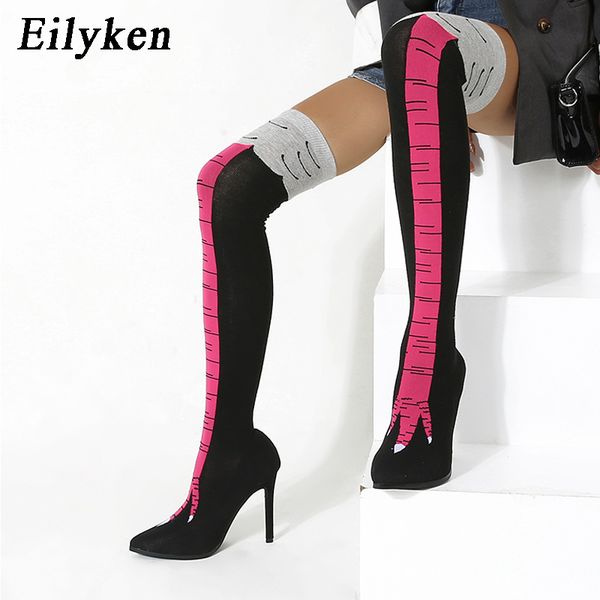

eilyken 2021 new pink mixed colors club over-the-knee heel thigh high pointed toe woman boot stretch fabric sock boots, Black