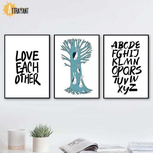 

мультфильм кролик дерево hole алфавит quote wall art холст картина скандинавские постеры и распечатывает стена фотографии детская комната nu