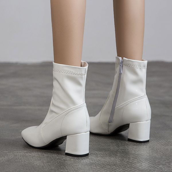 

classic black white ankle boots for women block low heel short boots lady patent leather shoes woman autumn spring large size 45