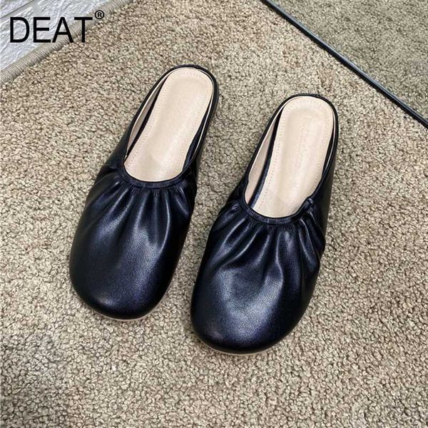 

deat] 2020 new spring summer round toe shallow pleated pu leather casual outdoor flat slippers women shoes fashion tide 10i641, Black