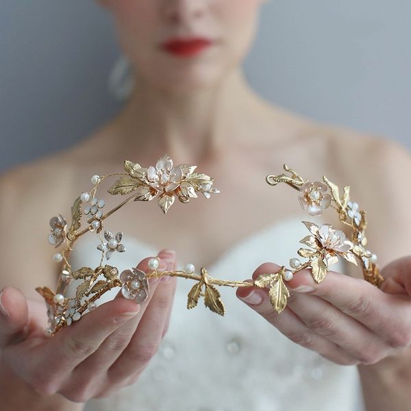

gold leaf floral wedding tiara hair crown rhinestone accessories handmade bridal headband women party headpiece y200807, White;golden