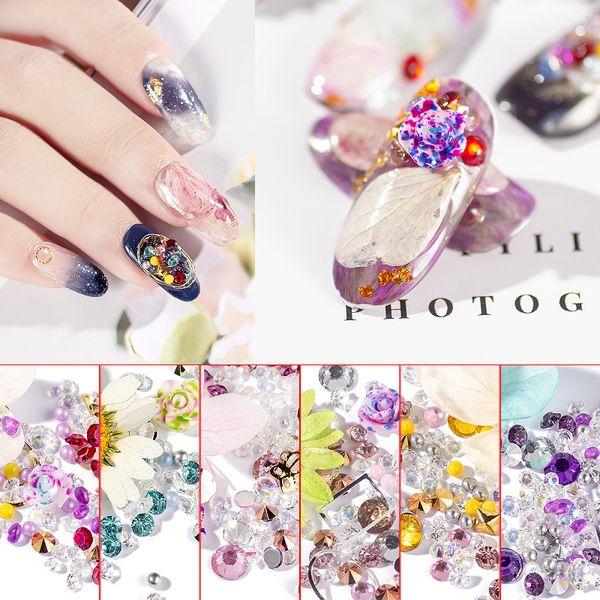 

3d nail color diamond pearl dried flower mix set diy creative design nail decoration accessories daisy flower decoration, Silver;gold
