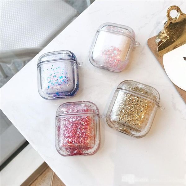 

luxury glitter quicksand headphone cover with chain for airpods 1 2 pro bluetooth wireless headset clear pc hard case earphone accessories