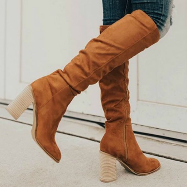 

ins over knee women boots flock sewing warm short plush lining chunky rubber heel pointed toe pleated casual shoes ladies 2020, Black