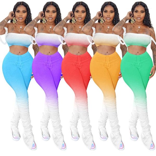 

women summer suits women stacked pant set fashion gradient color backless off shoulder micro flare pant set new, Gray