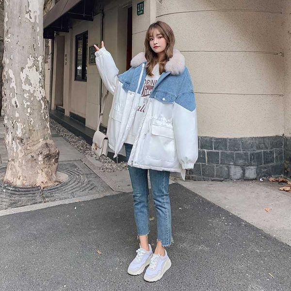 

2020 faux fur collar thickened padded parka winter long coat women's new loose overcoat denim stitching cotton coat parka m80, Black