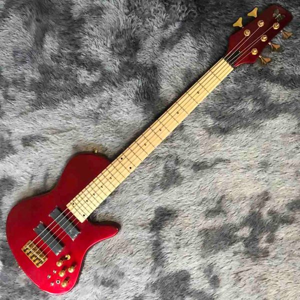 Personalizado Borboleta Red Metallic 5 Cordas Ash Wood Neck através do corpo Baixo 9V Ativo Pickups Bass Guitar