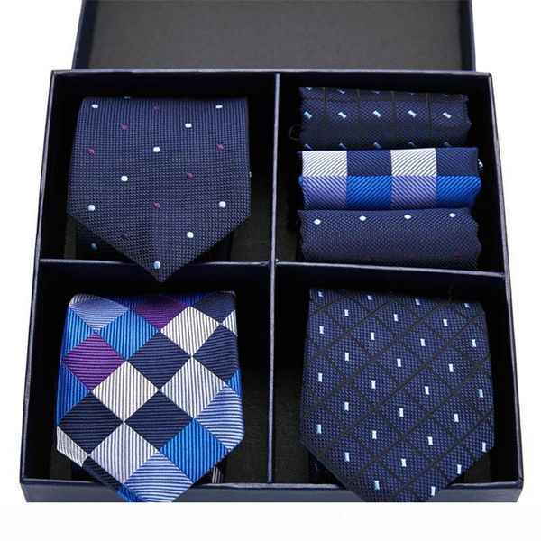 

fashion men's 3pcs handkerchief tie set gift box jacquard woven 7.5cm ties for men blue striped luxury necktie formal business, Black;gray