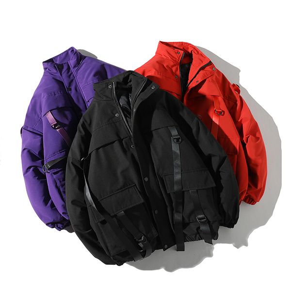 

men's down & parkas drop men winter jacket coats casual windbreaker mens parka hip hop bandage design man streetwear outwear, Black
