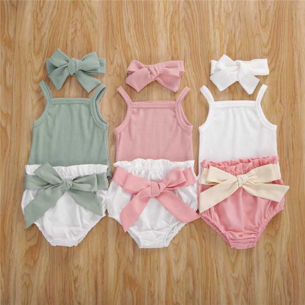 

2020 baby summer clothing 2pcs newborn baby girl solid clothes knitted sleeveless bodysuit bowknot shorts pants ribbed outfit, White