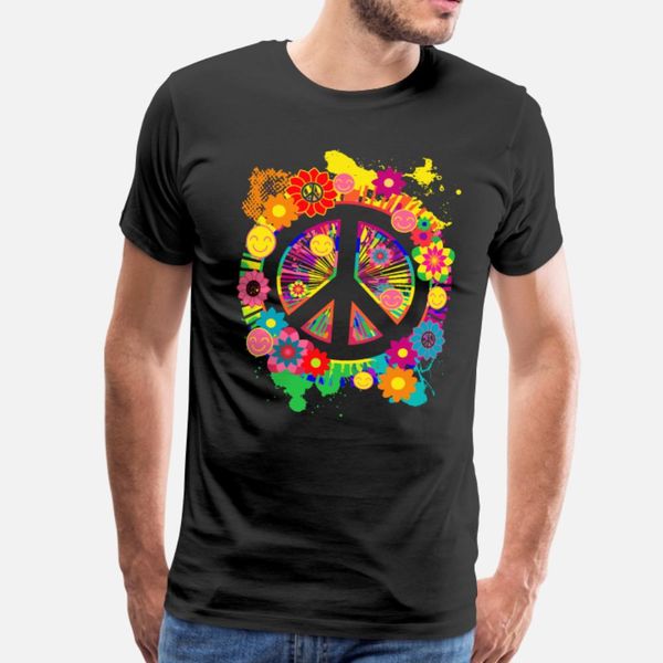 

peace sign and happiness colorful floral 70s t shirt men create 100% cotton o-neck family crazy funny casual summer pattern shirt