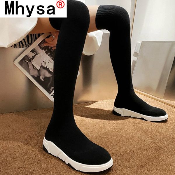 

2020 round toe over the knee women boots autumn winter wedge heel fashion casual women shoes flock stretch boot size 35-40, Black