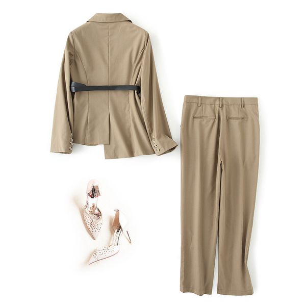 

women trendy stylish high street pants suit vintage blazer pencil pants solid quality stunning twin sets with belt, White