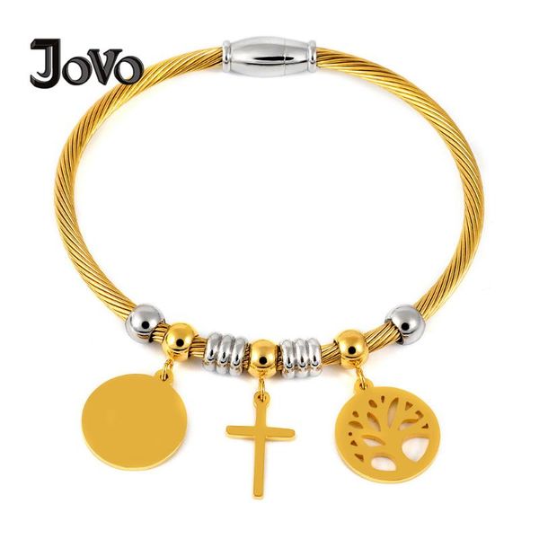 

jovo love luxury handmade stainless steel bangles tree of life/cross/love hearurtle/dolphin charm bangles bracelets for women, Black