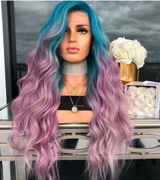 

in europe and america with long roll bleaching and dyeing blue and purple two-color rose mesh synthetic wig, Black