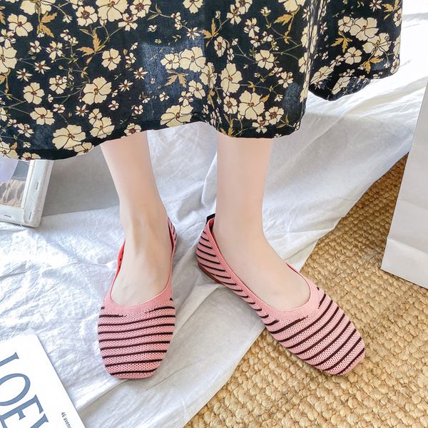 

breathable knit square toe flats women stripe flat shoes summer linen insole loafers stretch fabric casual single shoes 2020, Black