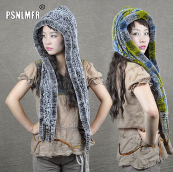 

wholesale handmade women knitted hat real rex fur hats with scarf for women natural fur winter hat ears cap gorras, Blue;gray