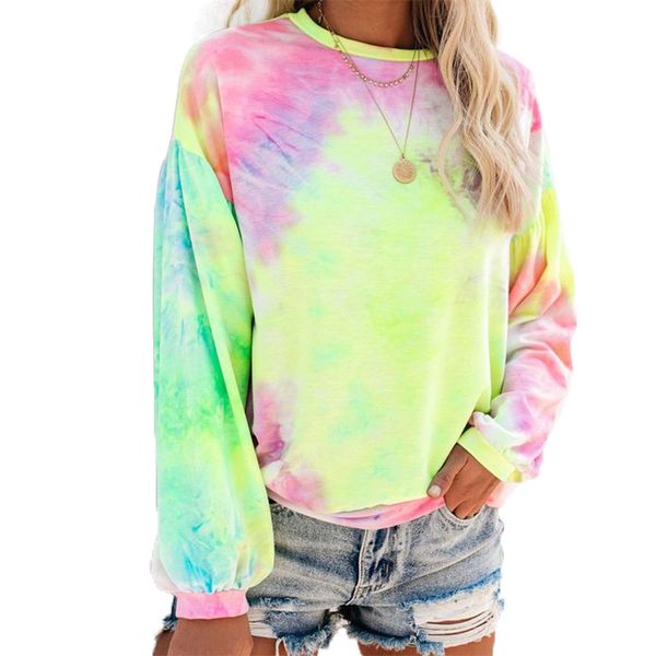 

new 2020 autumn t shirt oversize women long sleeve tie dye print t shirt cotton casual o-neck loose plus size tee clothes, White