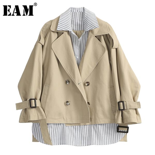 

eam] loose fit striped waistbelt two false piece suit jacket new lapel long sleeve women coat fashion spring autumn 2020 js2480, Black;white