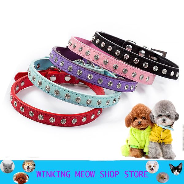 

dog collar leather crystal bling rhinestone pu puppy cat collars necklace harnesses personality collares solid color