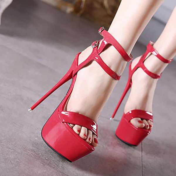

women pump sandals woman thin heels women's platform shoes lady ankle buckle strap high heels female footwear plus size 46, Black