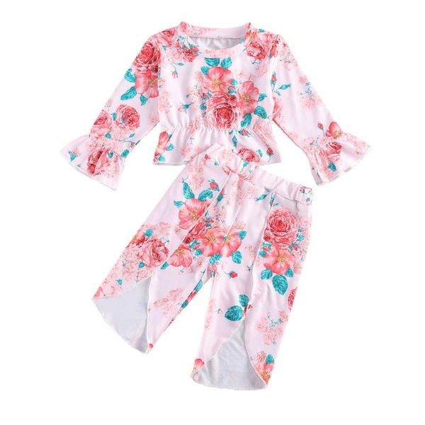 

clothing sets 6m-5y kids baby girl floral long sleeve pullover t-shirt pant trouser 2pcs girls set, White