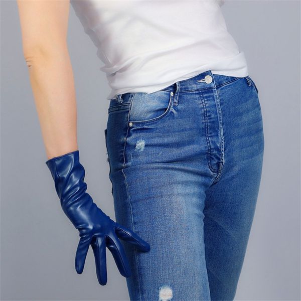 

short fashion gloves faux leather sheepskin pu 11" 28cm daily wrist blue navy women pu leather gloves wpu197, Blue;gray