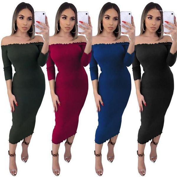 

womens slash neck slim dress long sleeve solid color knit dress famale bodycon dresses, Black;gray