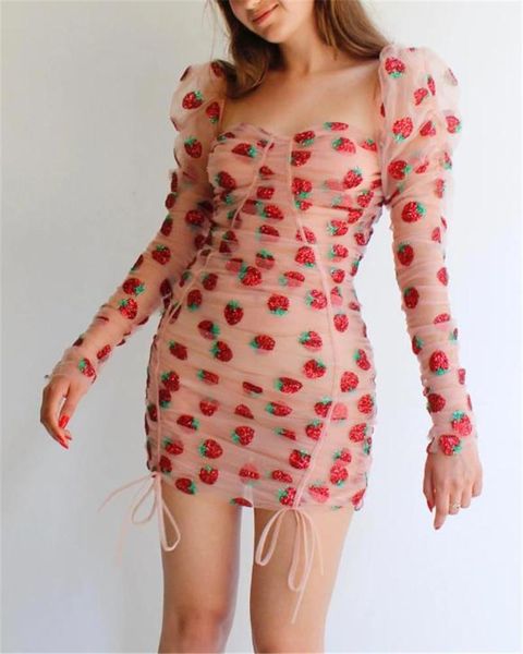 

dresses strawberry pattern puff sleeve square neck ruched mesh dress 20fw new women clothes french style women, Black;gray