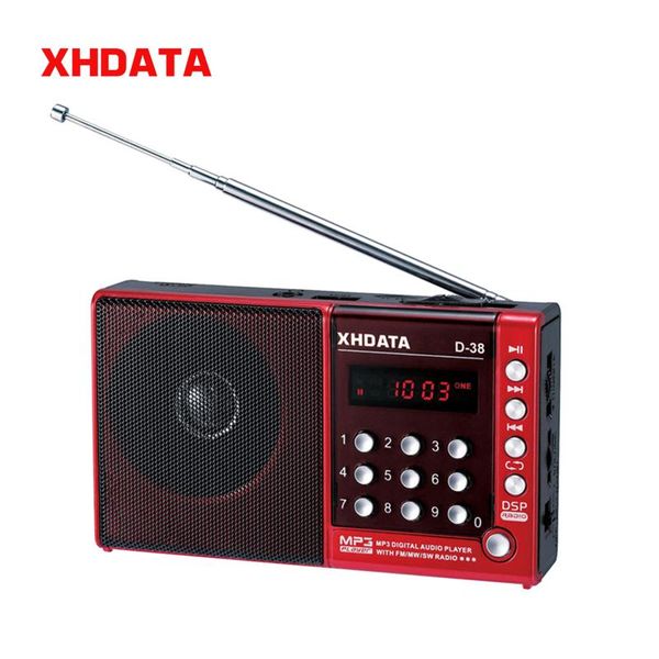 

radio xhdata d-38 fm mw sw stereo mp3 player with screen portable black, red speakers usb input rechargeable pocket