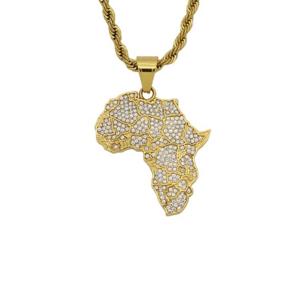 

hip hop rhinestones paved bling iced out gold color africa map pendants necklace for men rapper jewelry with 24inch rope chain, Silver